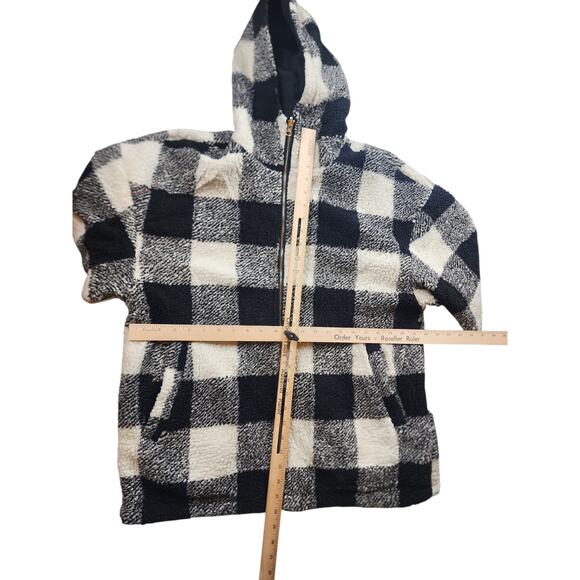 Buffalo Check Sherpa Fleece Jacket Large Black White Plaid Zip Hooded Coat Cozy - Picture 3 of 14